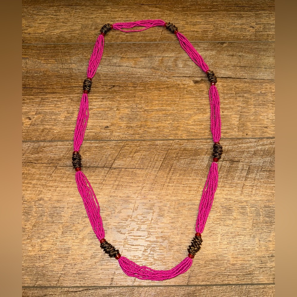 Hot Pink Multii-Strand Beaded Long Necklace